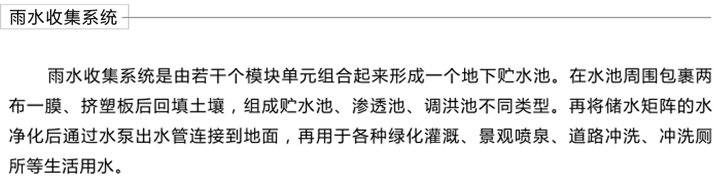 雨水回收利用系統(tǒng)、面源污染處理系統(tǒng)、屋頂綠化系統(tǒng)、智慧海綿系統(tǒng)